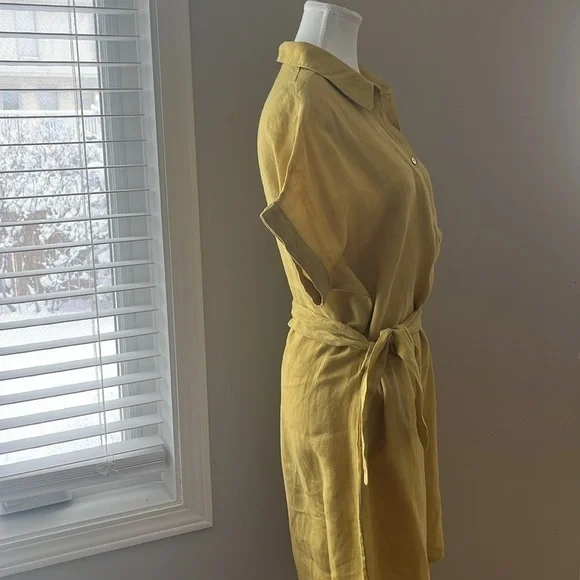 Marisa & Marie Linen Yellow Short Sleeve Mid Length Dress with Waist String - Picture 6 of 9